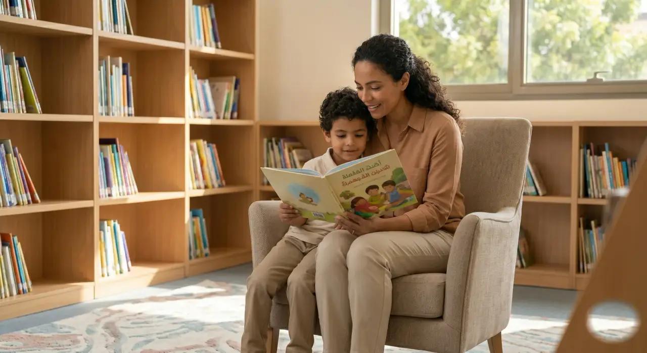 A mom reading a story with her child